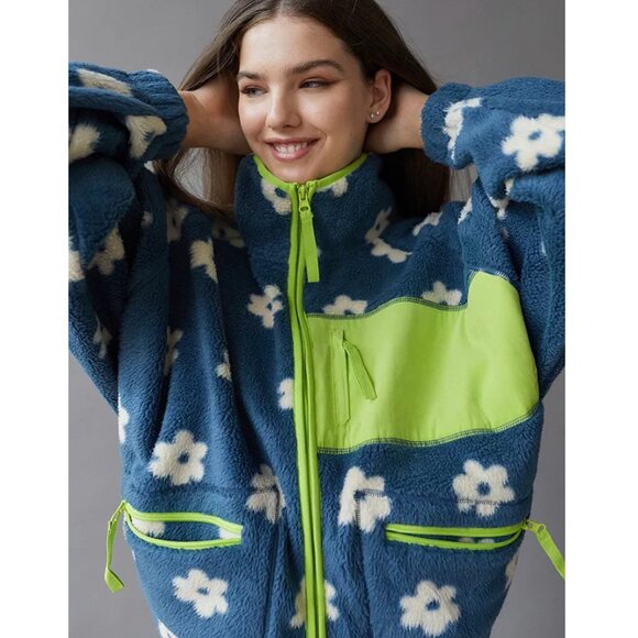 Urban Outfitters UO Stormi Flower Print Fleece Jacket, Blue/Green, Size Small - Picture 2 of 5